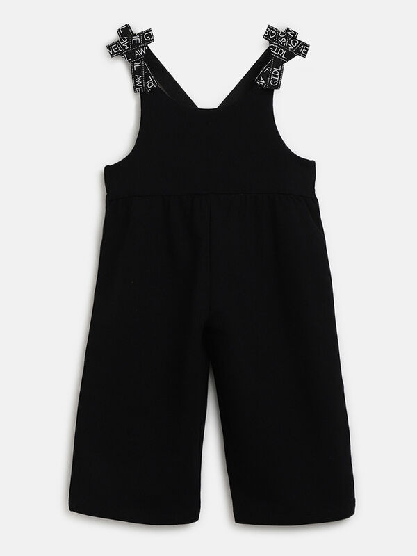 Girls Solid Black Knitted Long Dungaree image number null